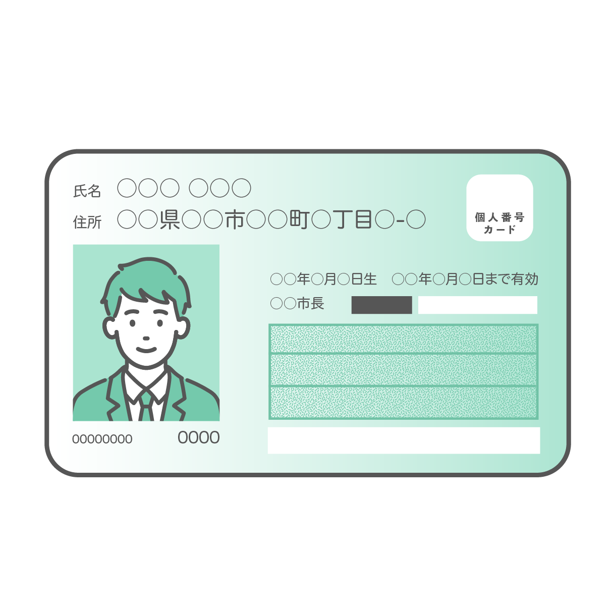 ブレザーの制服を着た男子学生の顔写真が入ったマイナンバーカード（個人番号カード）表面のイラスト。カードはミントグリーンとグレーのデザイン。氏名や住所などの個人情報部分は丸印（伏せ字）で表現されている。
