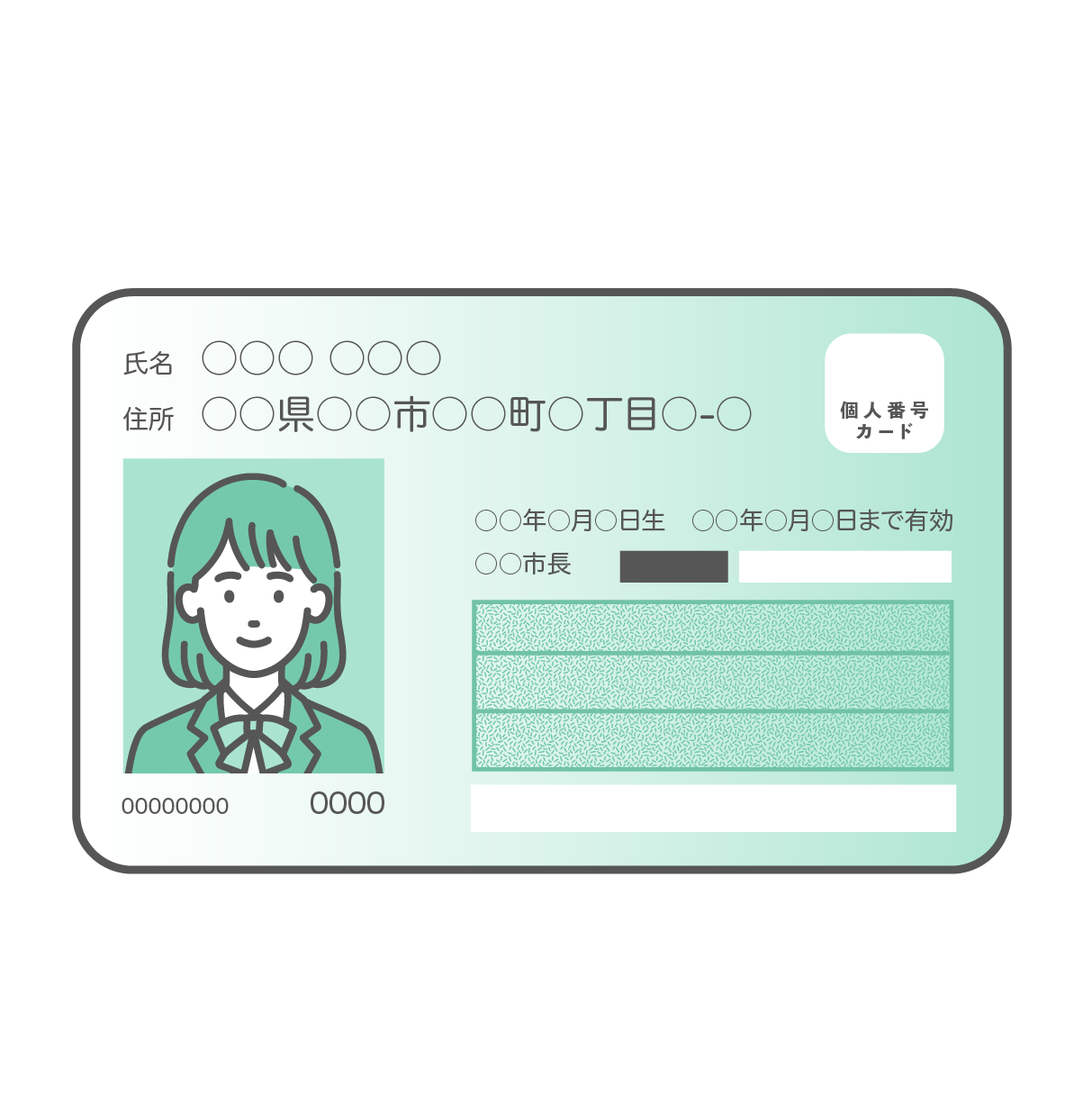 ブレザーにリボンの制服を着た女子学生の顔写真が入ったマイナンバーカード（個人番号カード）表面のイラスト。カードはミントグリーンとグレーのデザイン。氏名や住所などの個人情報部分は丸印（伏せ字）で表現されている。