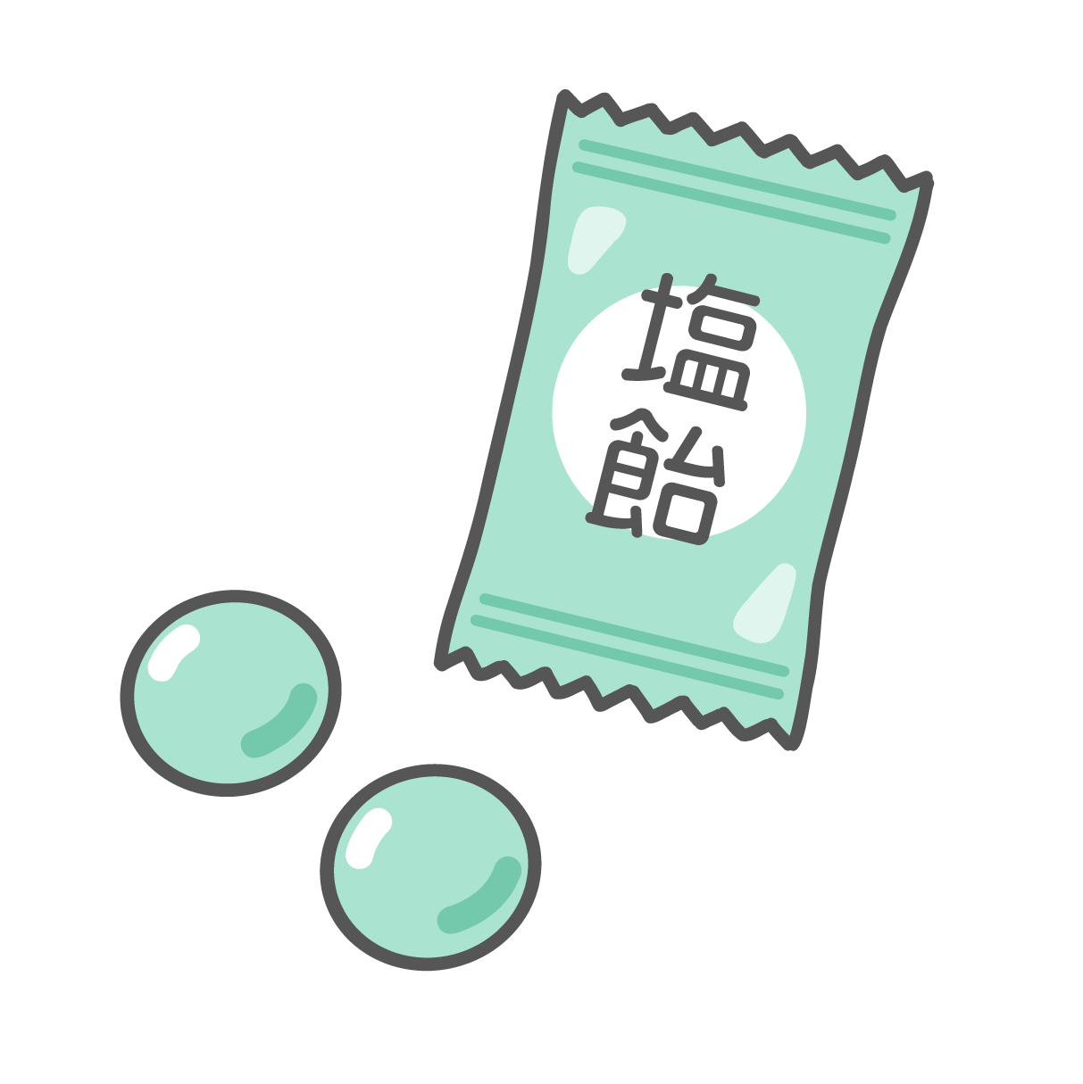 「塩飴」と書かれた個包装の袋と、2つの塩飴のイラスト