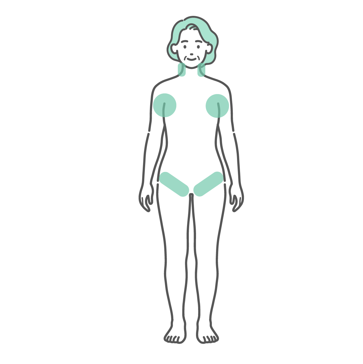 首筋、両脇の下、両足の付け根に冷却ポイントが示された、シニア女性（高齢者）の全身立ち姿イラスト