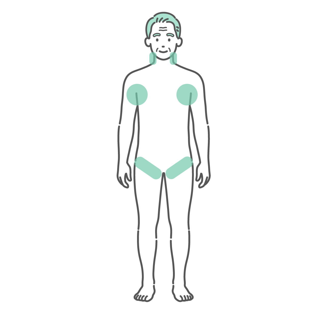 首筋、両脇の下、両足の付け根に冷却ポイントが示された、シニア男性（高齢者）の全身立ち姿イラスト