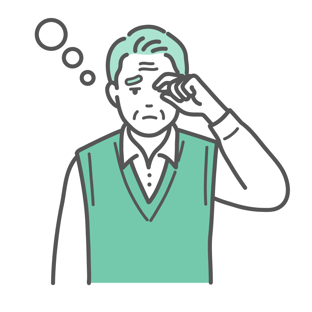 焦点が合わず、気分が悪そうにぼーっとしているベスト姿のシニア男性のイラスト