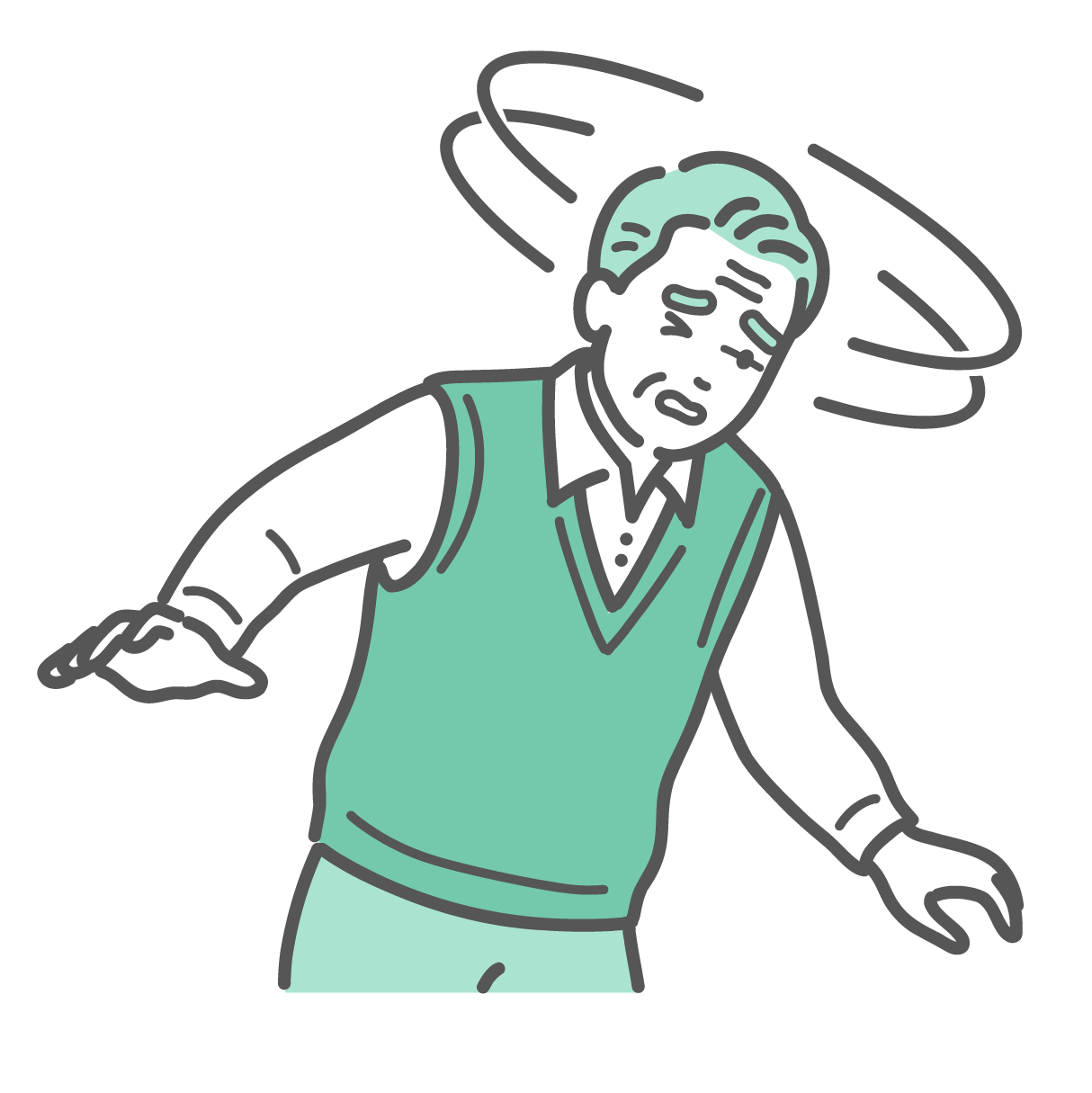 めまいや立ちくらみでフラフラとよろけ、倒れそうになっているベスト姿のシニア男性のイラスト
