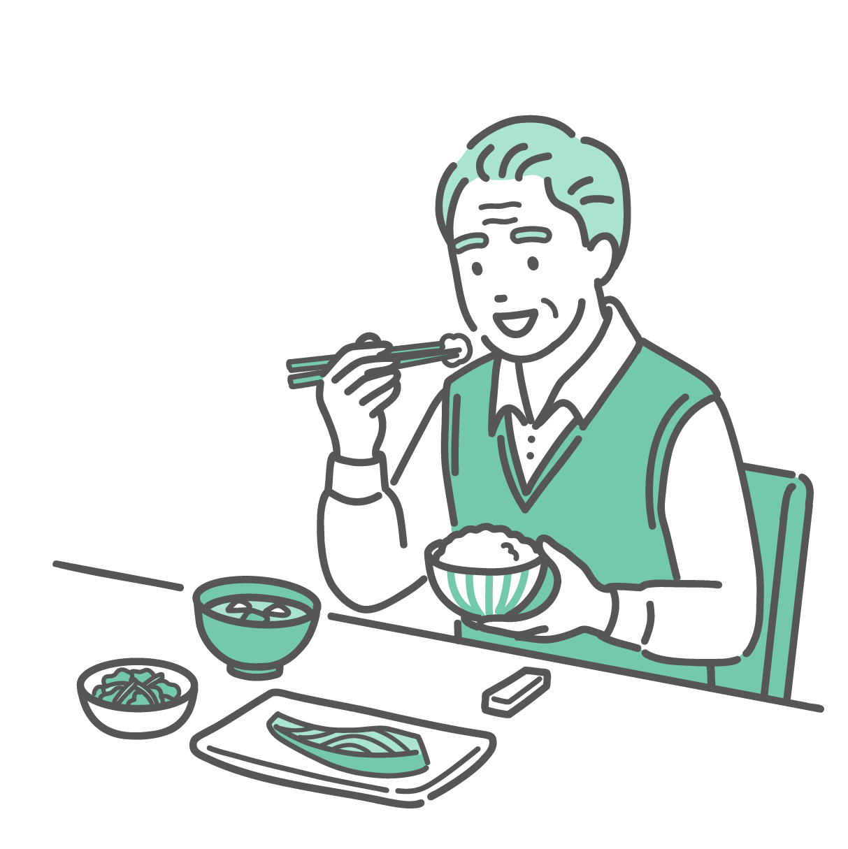 和食の定食を食べている笑顔の高齢男性