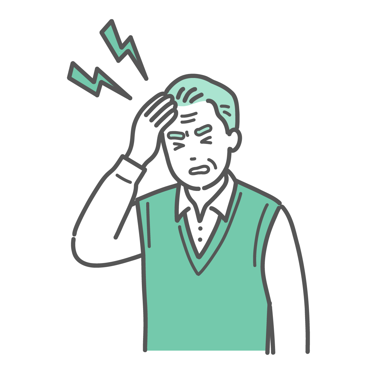 頭に手を当てて、頭痛や発熱で辛そうな表情をしているベスト姿のシニア男性のイラスト
