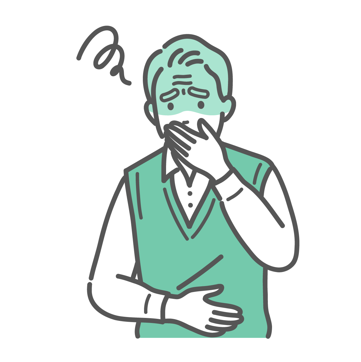 口とお腹を押さえ、顔を青くして吐き気や気分の悪さをこらえているベスト姿のシニア男性のイラスト
