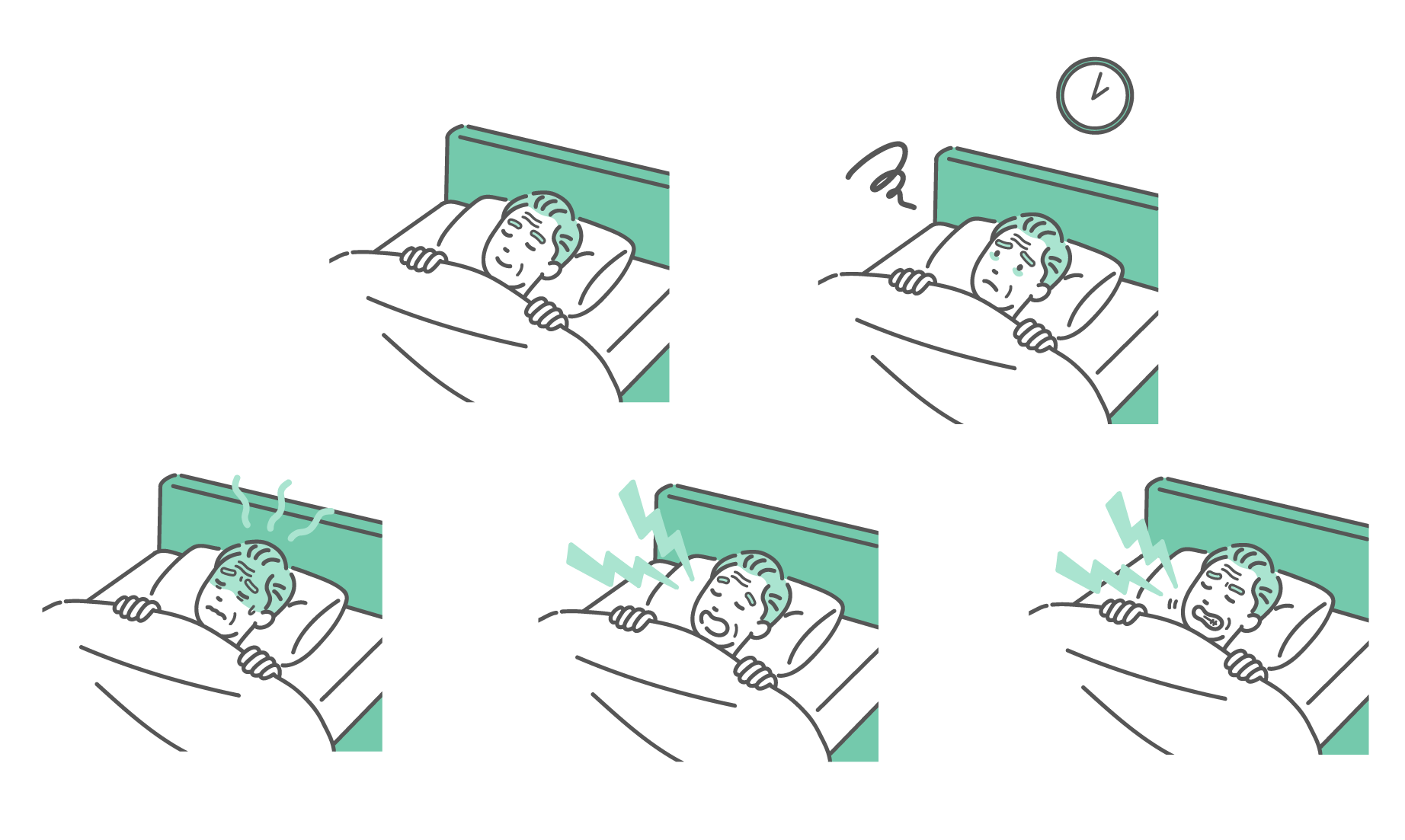 ミントグリーンのベッドで白い布団を被った白髪のシニア男性の5つの睡眠シーン（安眠、不眠、寝汗、いびき、歯ぎしり）を並べたセットイラスト