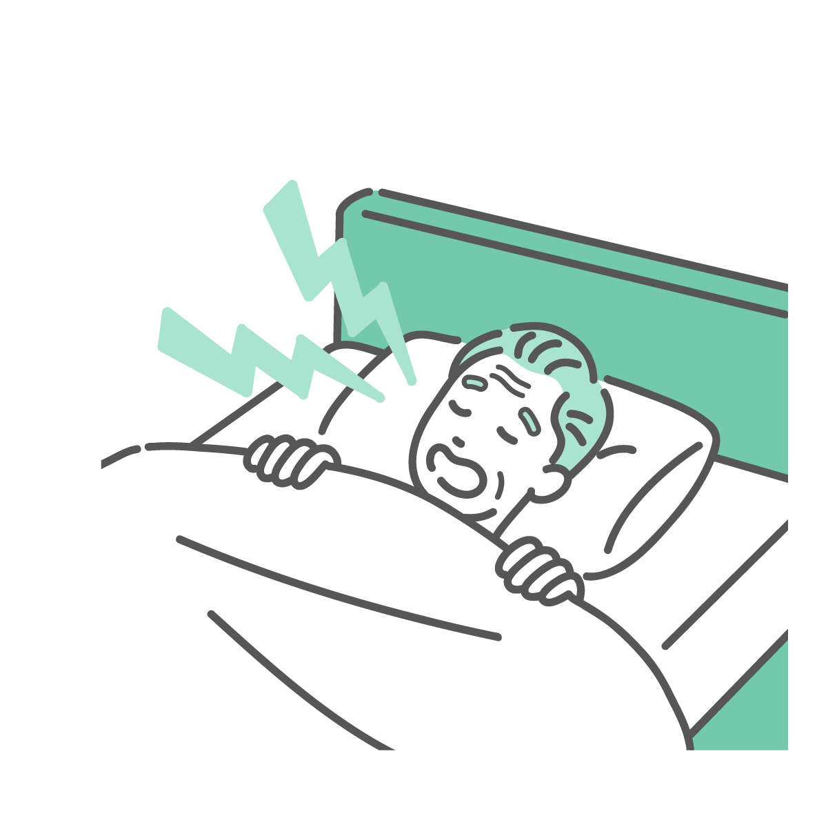 ミントグリーンのベッドで白い布団を被り、口を開けて大きないびきをかいて眠っている白髪のシニア男性のイラスト