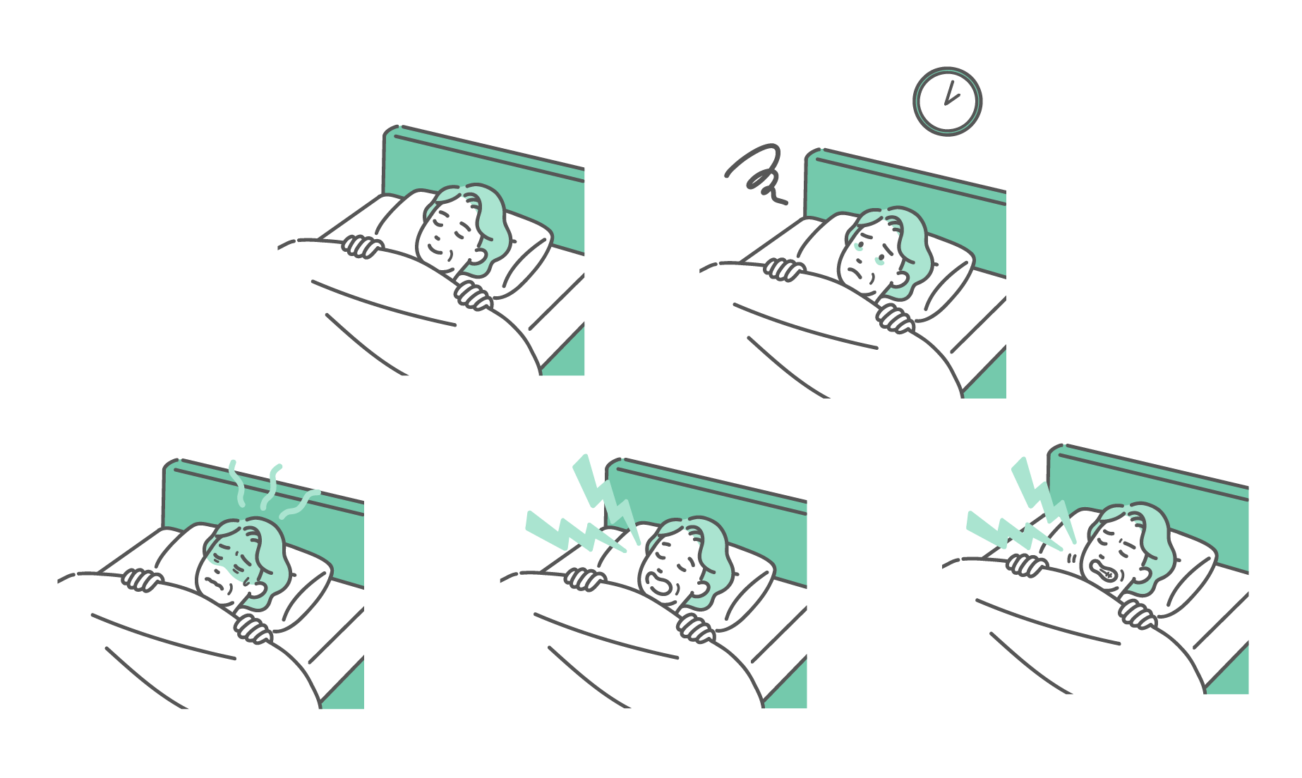 ミントグリーンのベッドで白い布団を被った白髪のシニア女性の5つの睡眠シーン（安眠、不眠、寝汗、いびき、歯ぎしり）を並べたセットイラスト