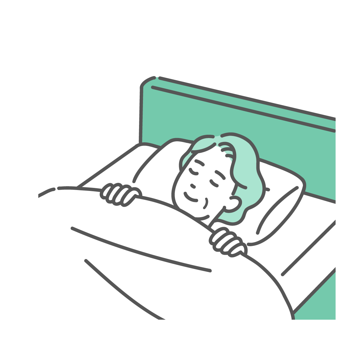 ミントグリーンのベッドで白い布団を被り、目を閉じて穏やかな表情で眠っている白髪のシニア女性のイラスト