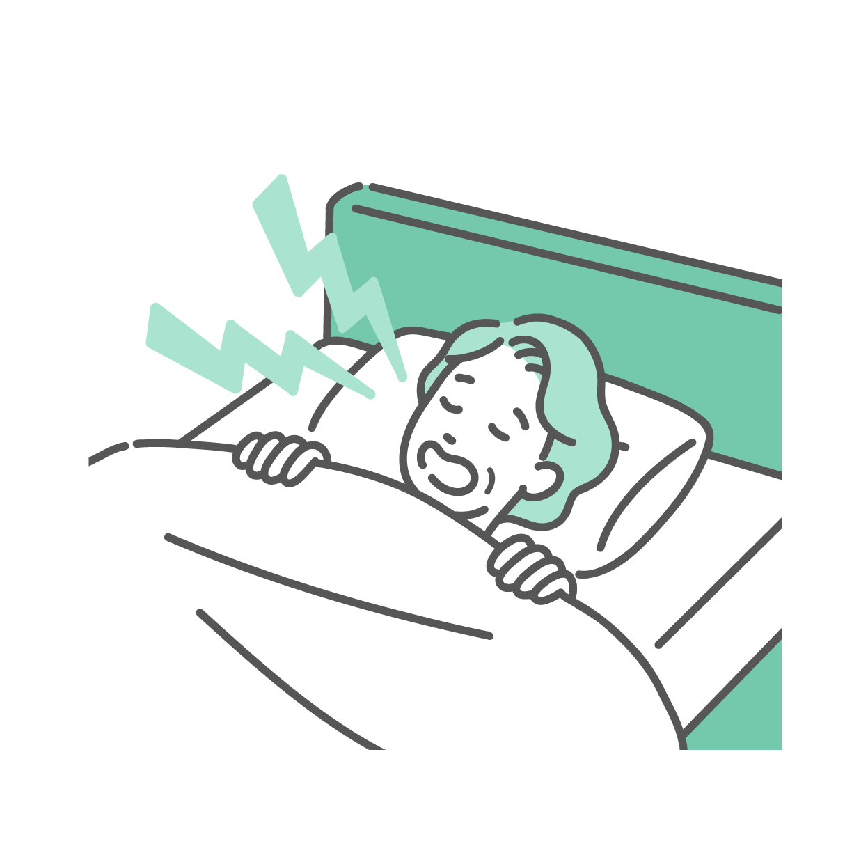 ミントグリーンのベッドで白い布団を被り、口を開けて大きないびきをかいて眠っている白髪のシニア女性のイラスト