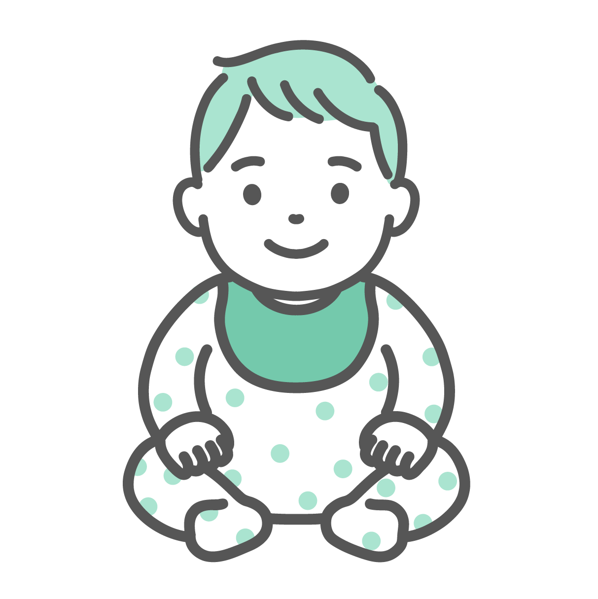 ミントグリーンのスタイと水玉模様のロンパースを着て、笑顔でお座りしている赤ちゃんのイラスト