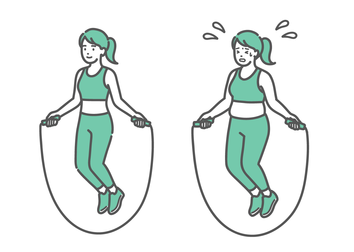 笑顔で軽快に縄跳びをする理想体型の女性と、汗をかいて辛そうな表情で必死に縄跳びをするぽっちゃり体型の女性の2点比較イラスト