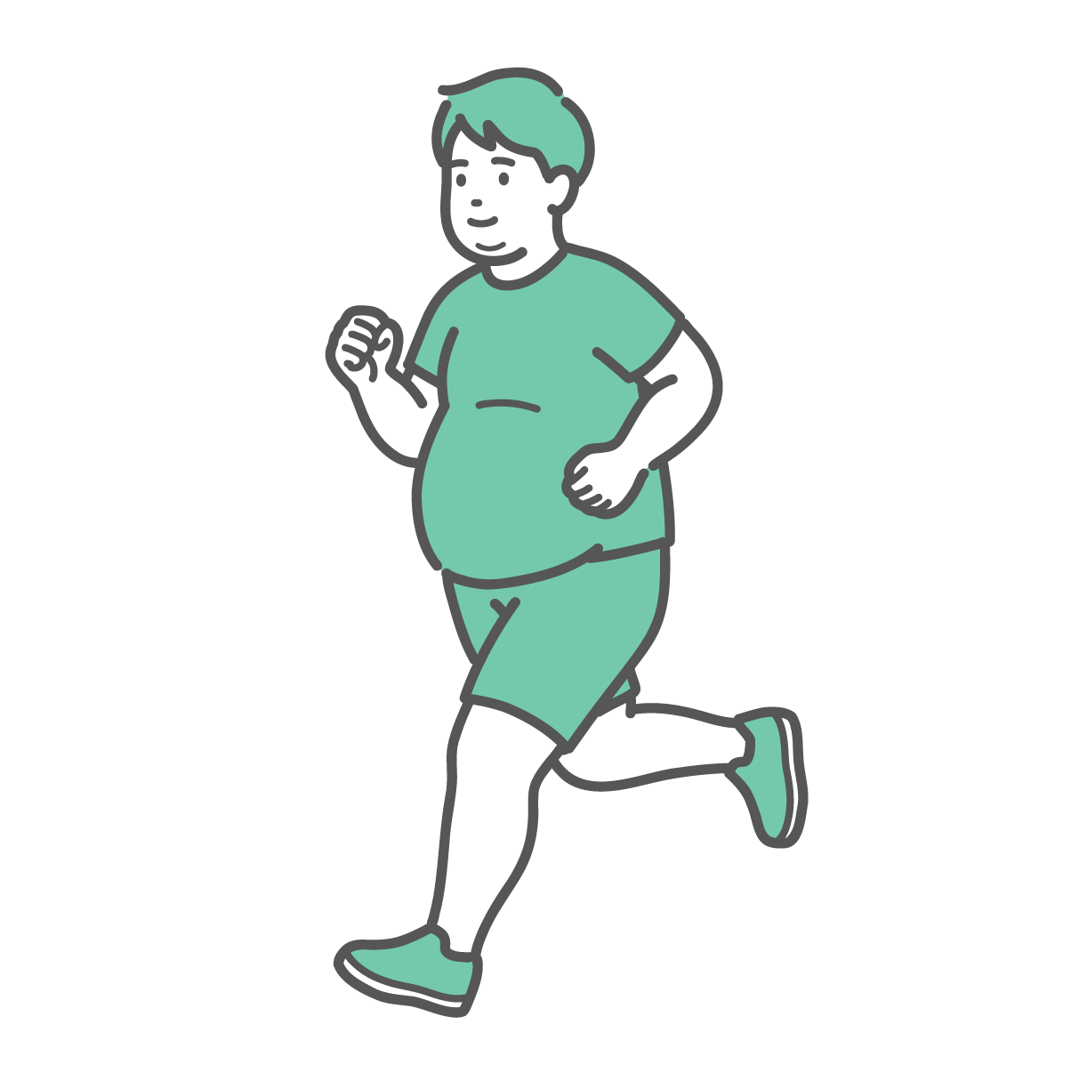 Tシャツとショートパンツを着て、笑顔でランニングをしているぽっちゃり体型の男性の全身イラスト