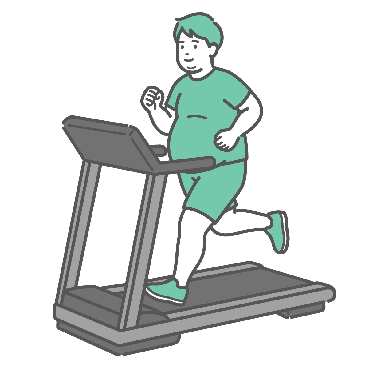 トレッドミルで、緑のTシャツを着て笑顔でランニングをしているぽっちゃり体型の男性のイラスト