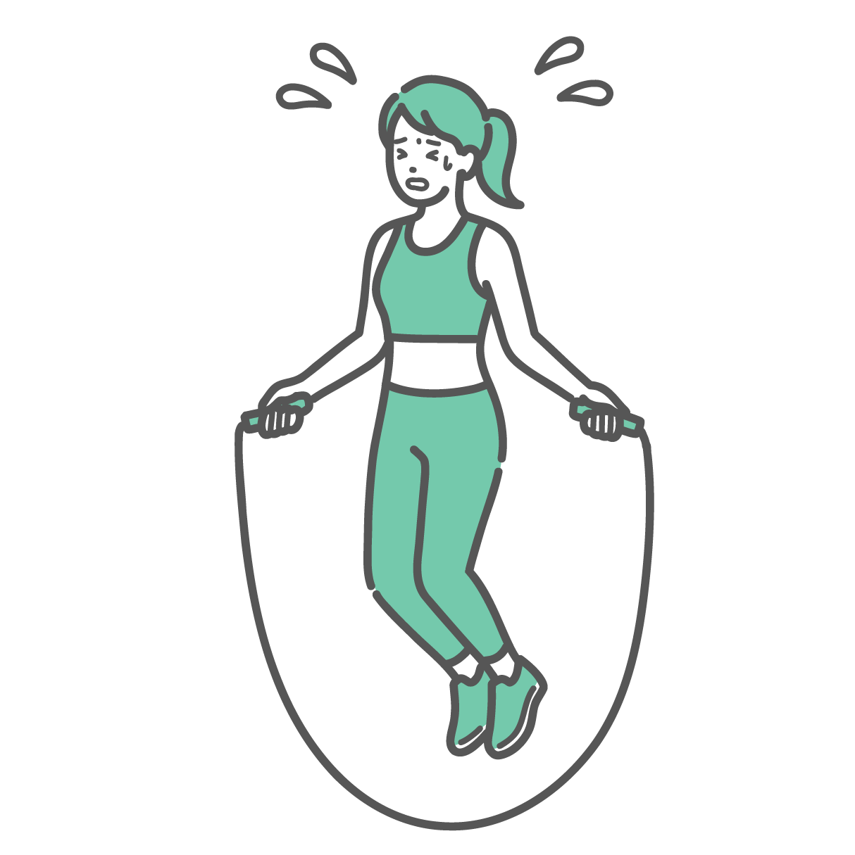 汗をかき、辛そうな表情で縄跳びをするスポーツウェアの女性
