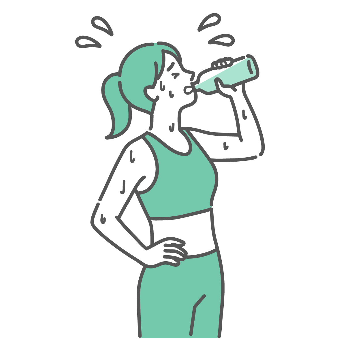 腰に手を当て、全身に大量の汗をかきながらボトルから必死に水を飲むスポーツウェア姿の女性のイラスト