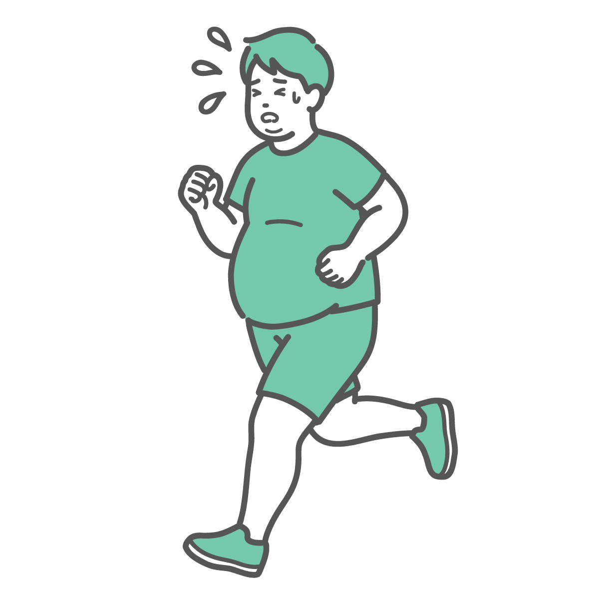 Tシャツとショートパンツを着て、大量の汗をかき、疲れた表情で必死にランニングをしているぽっちゃり体型の男性の全身イラスト