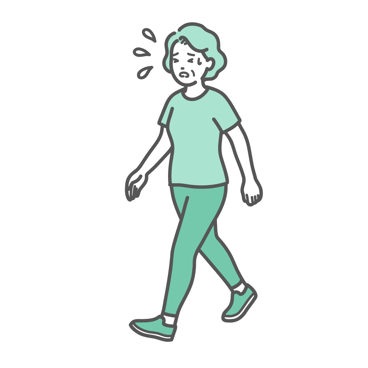 大量の汗をかきながら苦しそうにウォーキングをしているシニア女性
