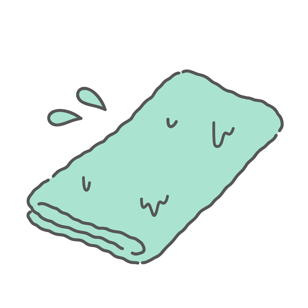 水滴がついたミントグリーンの濡れタオル（冷却タオル）のイラスト