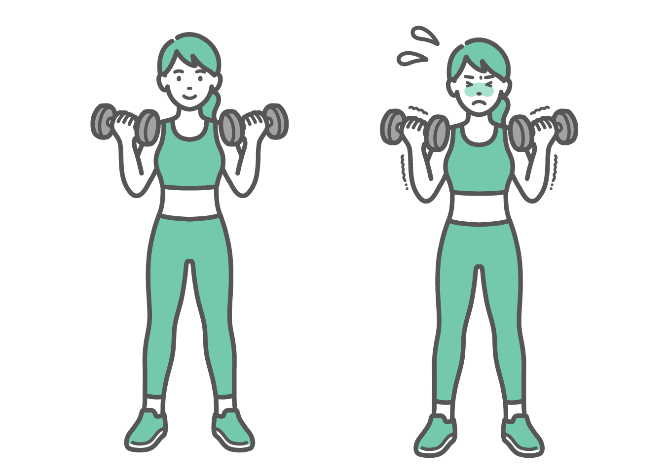 両手でダンベルを持ち笑顔で筋トレをする女性と、重さに耐えきれず辛そうな表情で震えている女性の2パターンのイラストセット