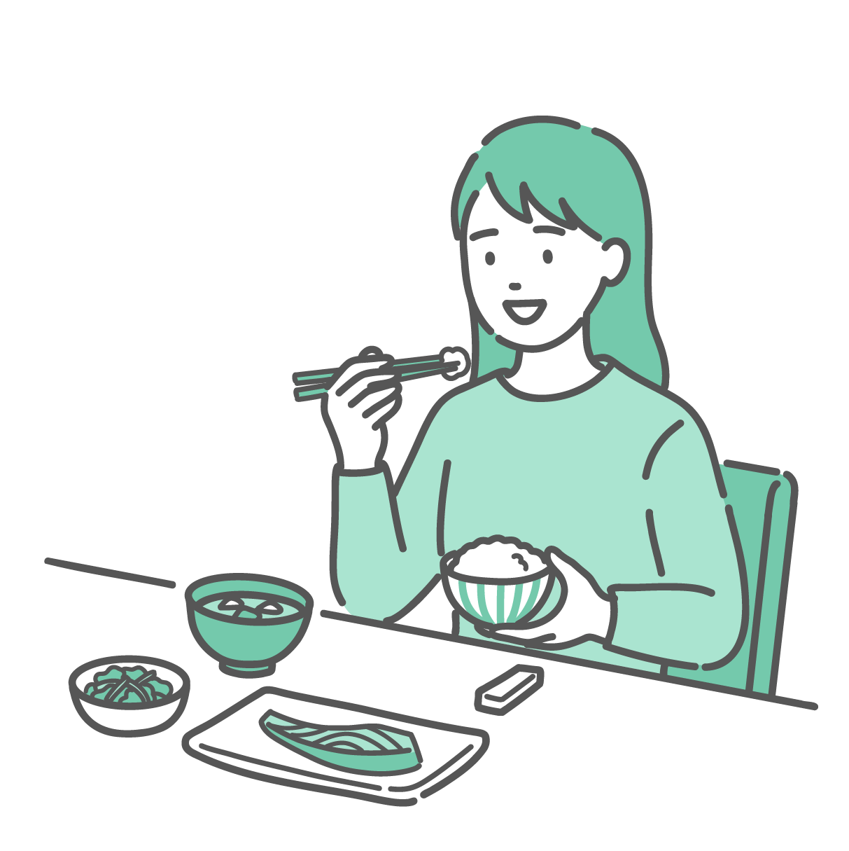 ご飯、味噌汁、焼き魚、副菜の和食を食べている女性