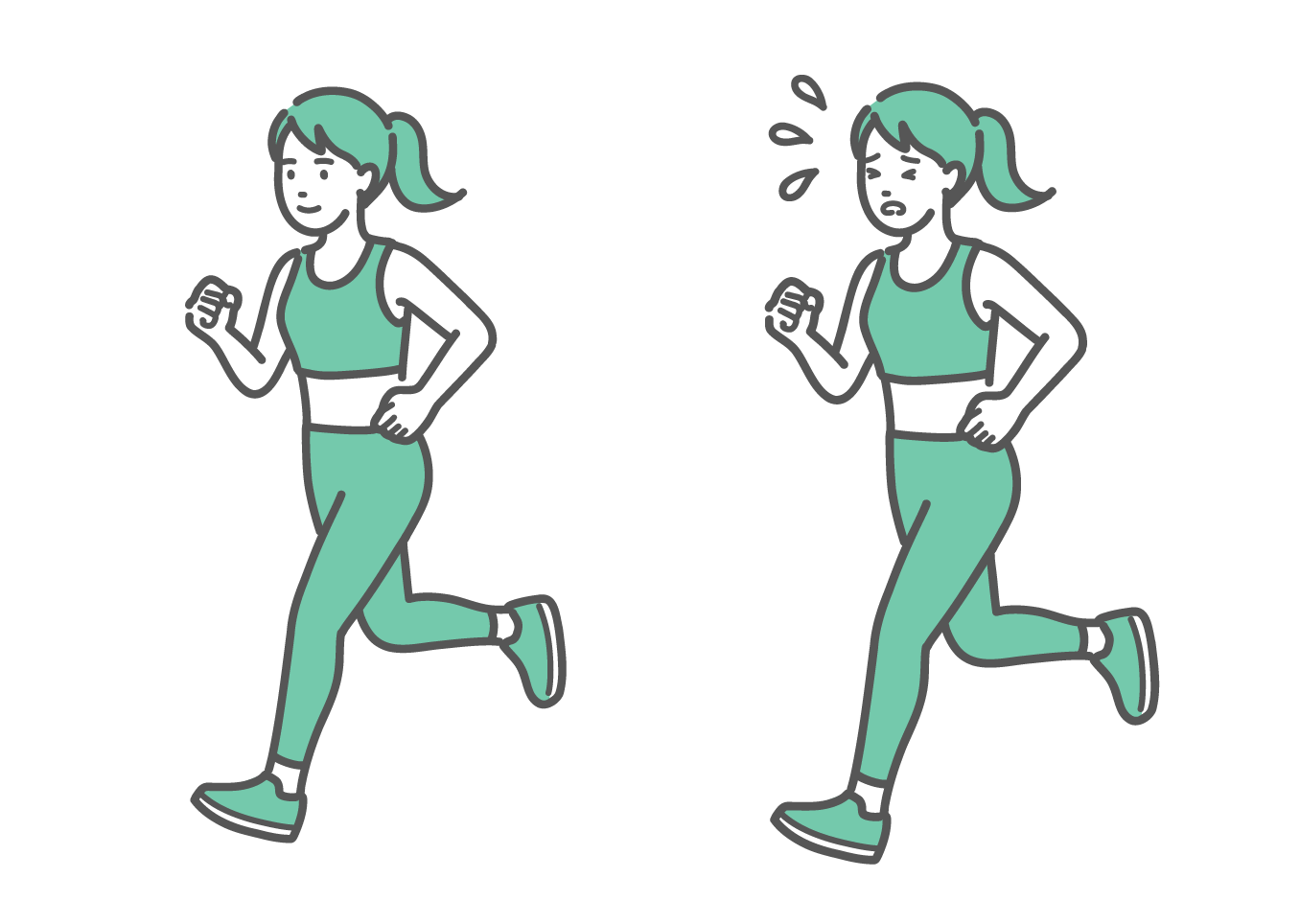 笑顔でランニングする女性と、汗をかいて苦しそうに走る女性の比較