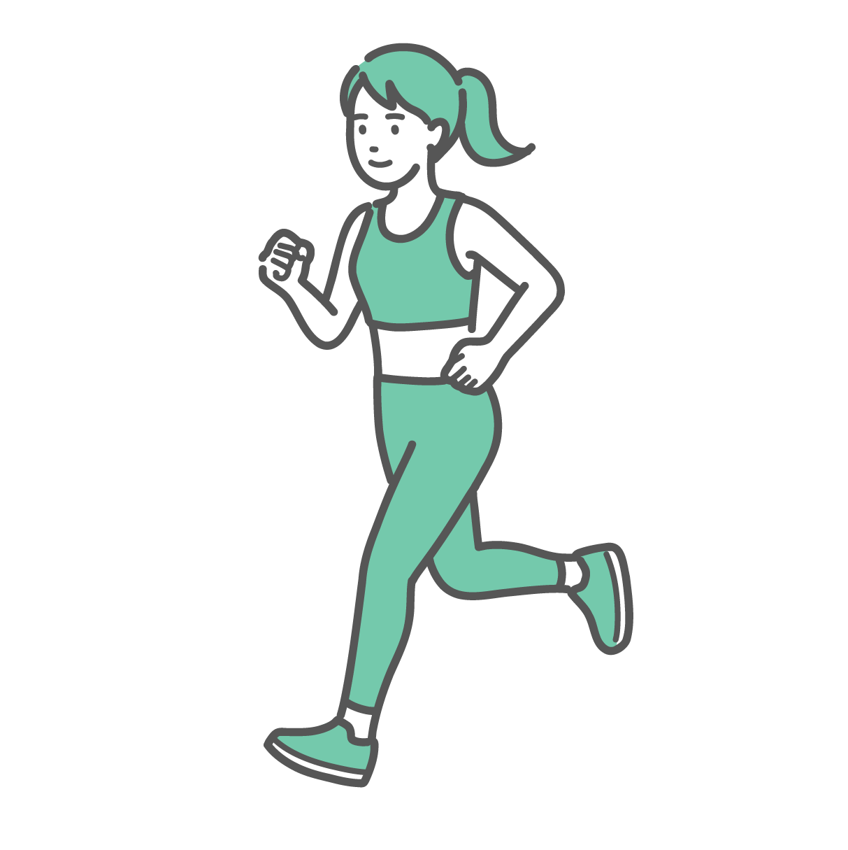 ミントグリーンのスポーツウェアを着て、笑顔で走っている女性