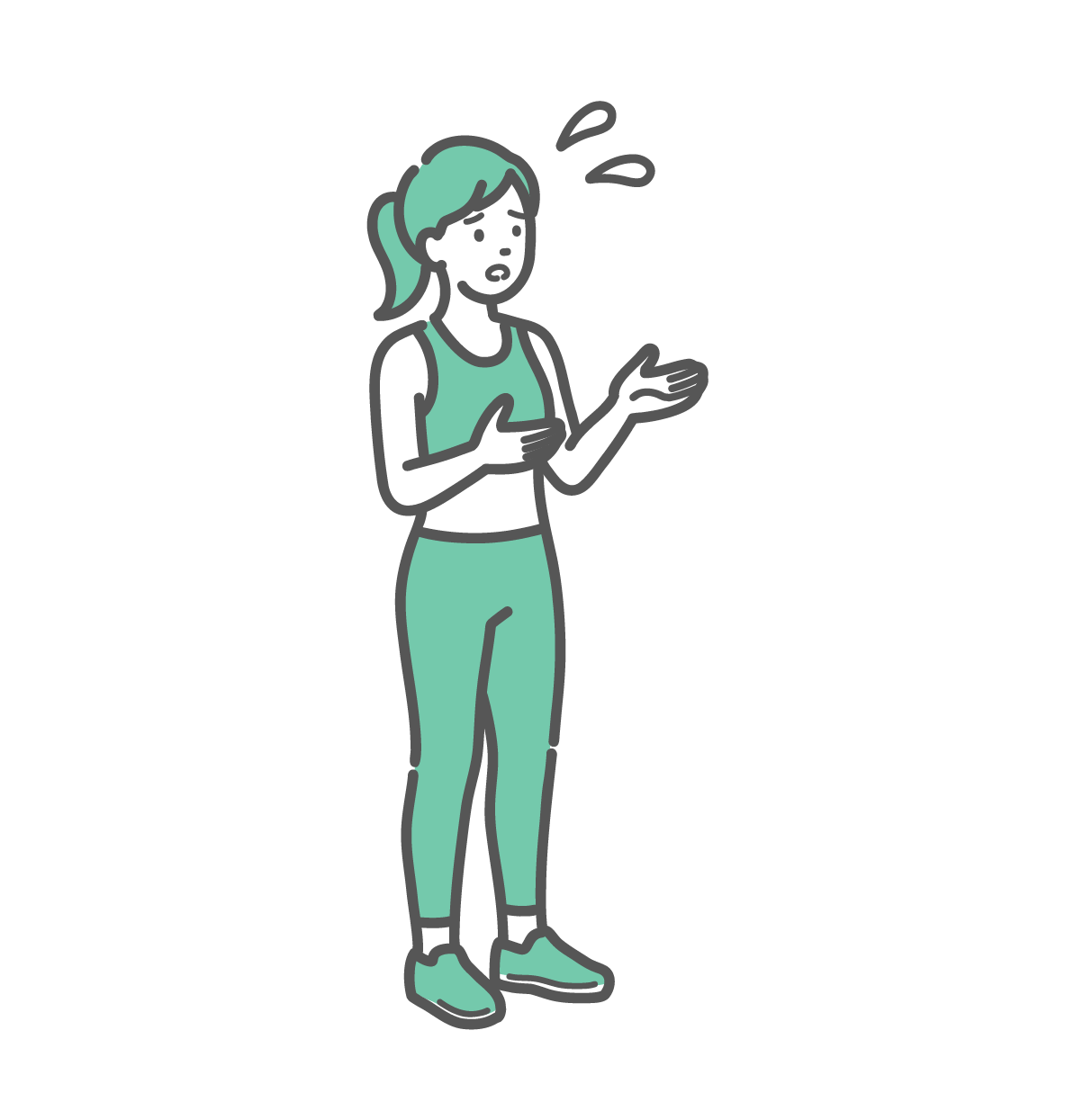 スポーツウェアを着て、汗をかきながら困った表情で誰かに相談や質問をしている女性のイラスト