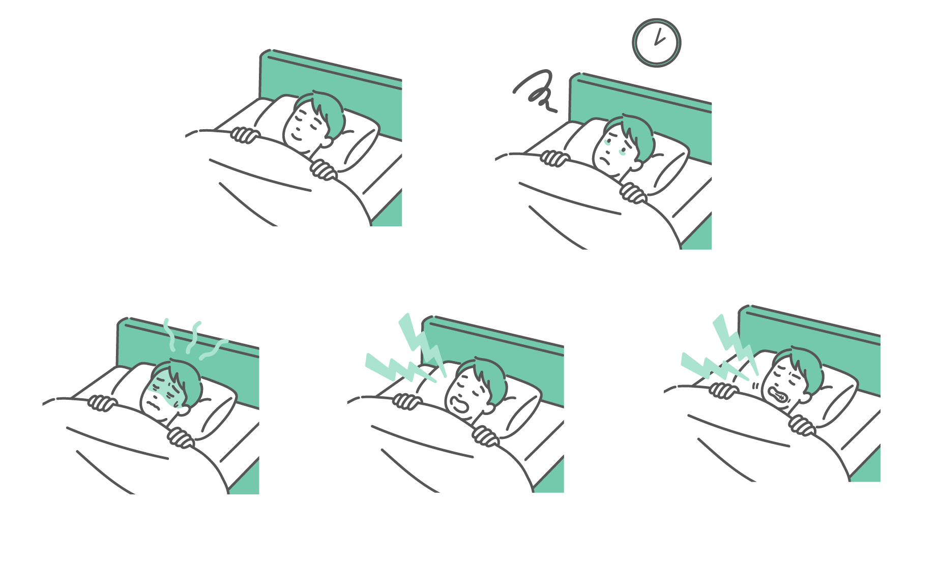 ミントグリーンのベッドで白い布団を被った若い男性の5つの睡眠シーン（安眠、不眠、寝汗、いびき、歯ぎしり）を並べたセットイラスト