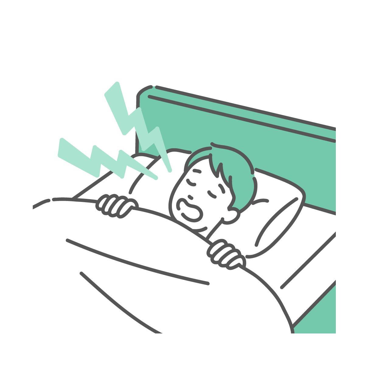 ミントグリーンのベッドで白い布団を被り、口を開けて大きないびきをかいて眠っている若い男性のイラスト