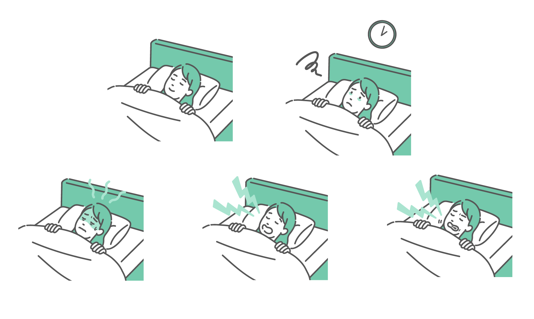 ミントグリーンのベッドで白い布団を被った若い女性の5つの睡眠シーン（安眠、不眠、寝汗、いびき、歯ぎしり）を並べたセットイラスト