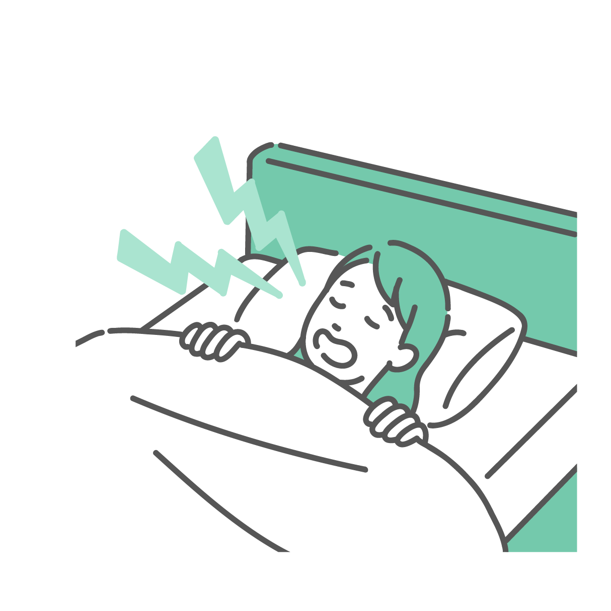 ミントグリーンのベッドで白い布団を被り、口を開けて大きないびきをかいて眠っている若い女性のイラスト