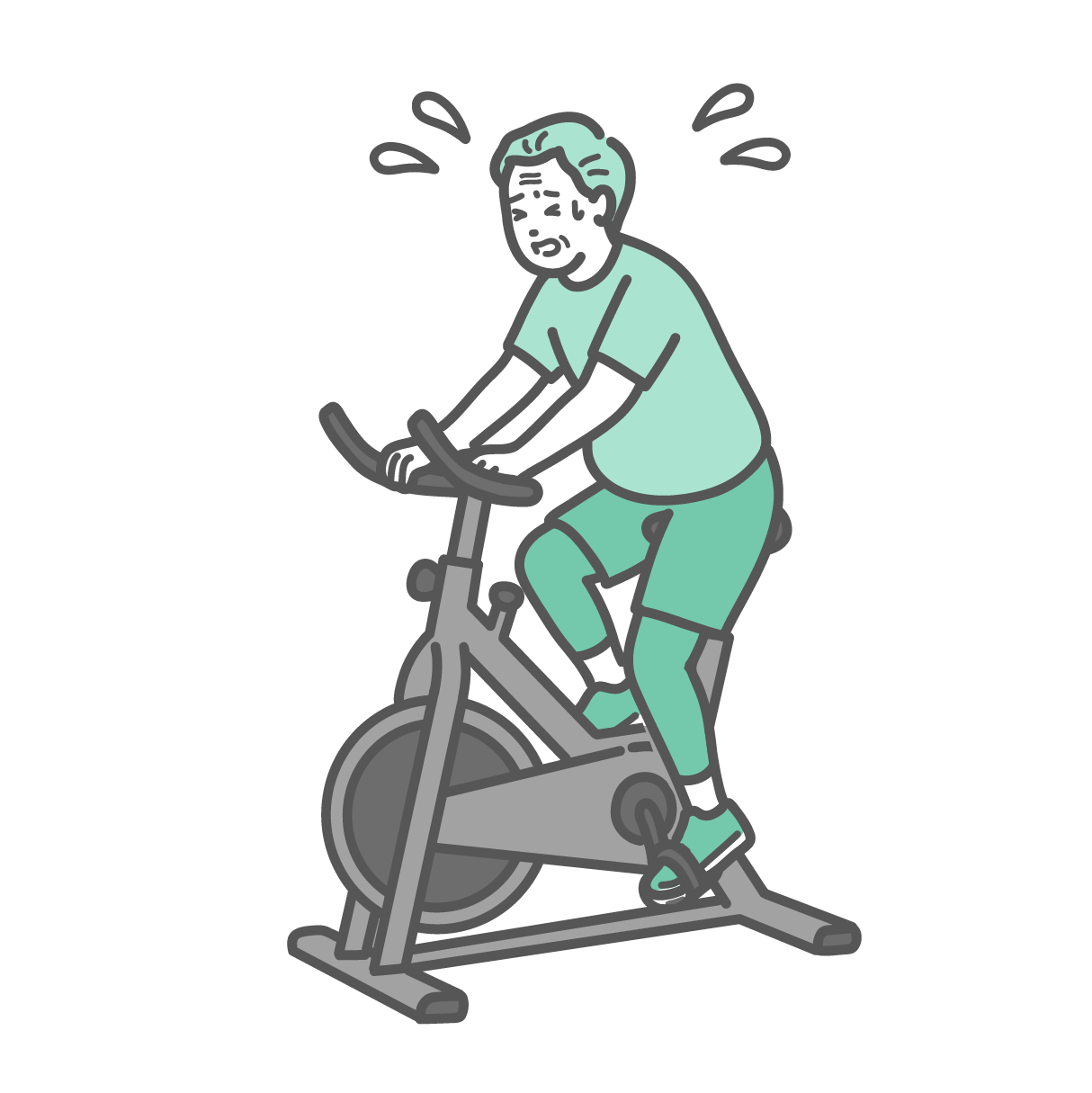 大量の汗をかき辛そうにフィットネスバイクを漕いでいるぽっちゃり体型のシニア男性のイラスト