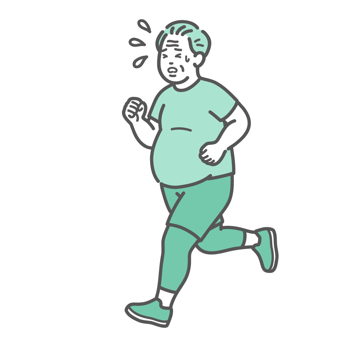 汗をかきながら辛そうにジョギングをするぽっちゃり体型のシニア男性のイラスト