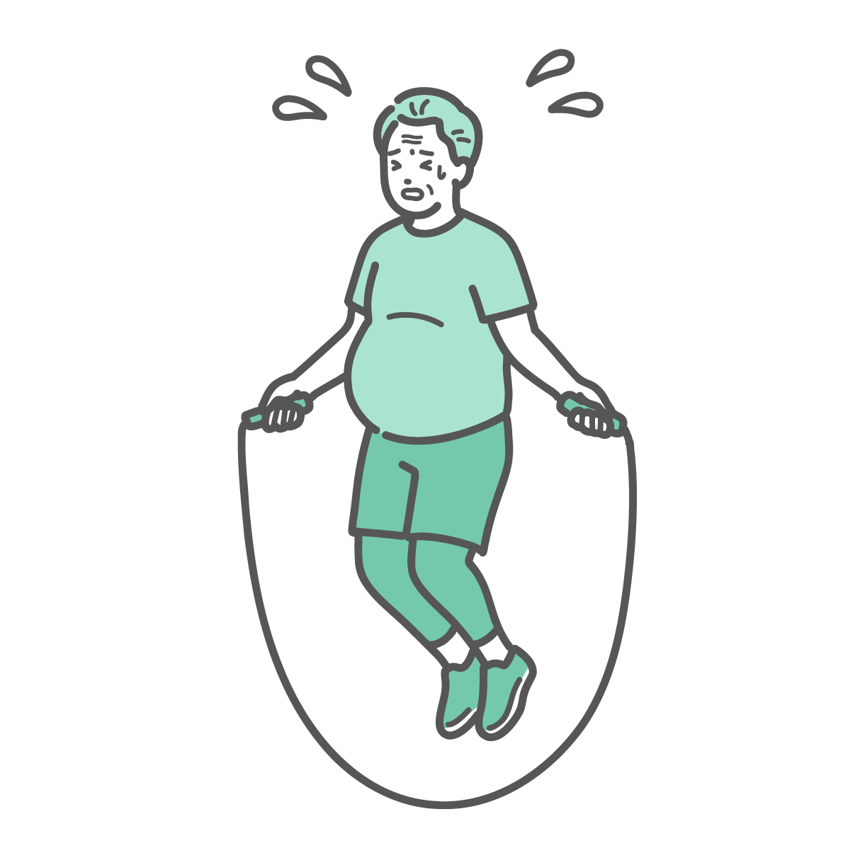 大量の汗をかき辛そうに縄跳びをしているぽっちゃり体型のシニア男性のイラスト