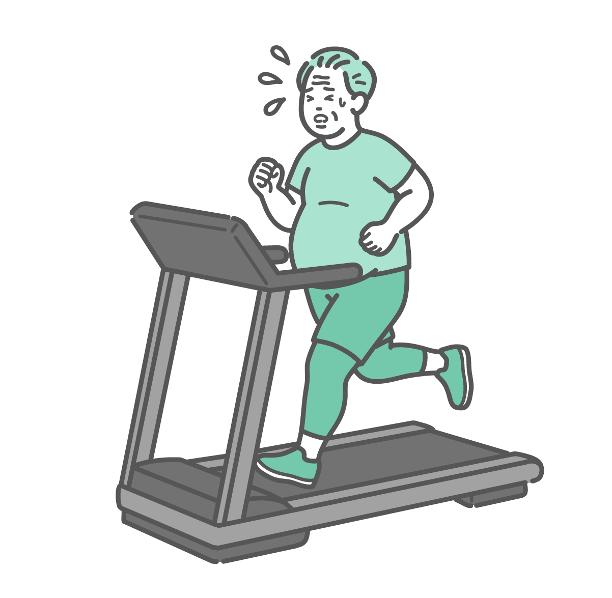 トレッドミルで汗をかきながら辛そうに運動をするぽっちゃり体型のシニア男性のイラスト