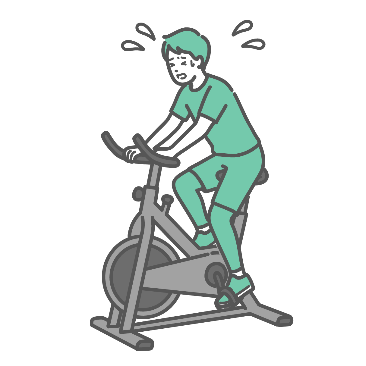 全身に汗をかき、辛そうな表情で必死にフィットネスバイク（エアロバイク）を漕いで有酸素運動をしているスポーツウェア姿の男性のイラスト