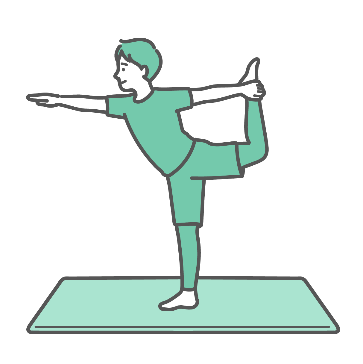 ヨガマットの上で笑顔で安定してダンサーのポーズをとるスポーツウェア姿の男性のイラスト