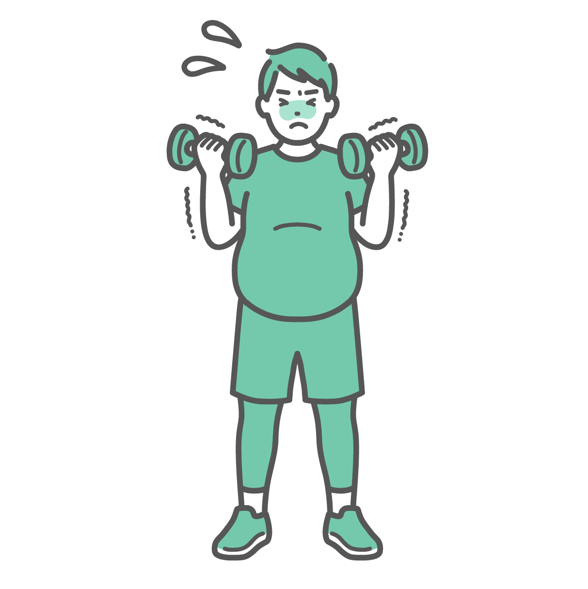 汗をかき腕を震わせながら、辛そうにダンベルを持ち上げてトレーニングをしているスポーツウェア姿のぽっちゃり男性のイラスト