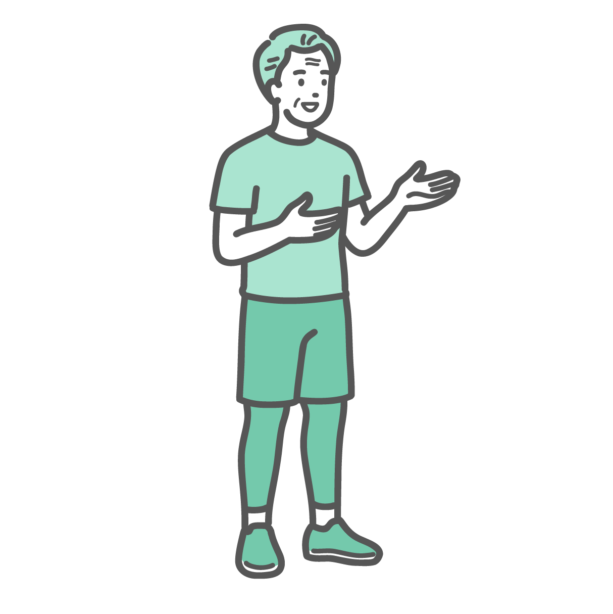 笑顔でジェスチャーを交えて会話や案内をしているスポーツウェア姿のシニア男性のイラスト