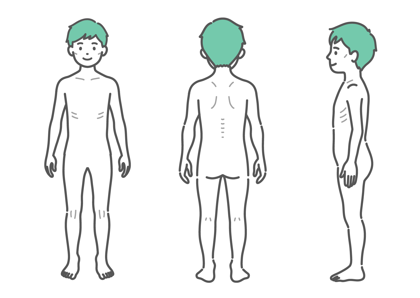 正面、背面、側面の3方向から見た痩せ型の男の子の全身イラストセット